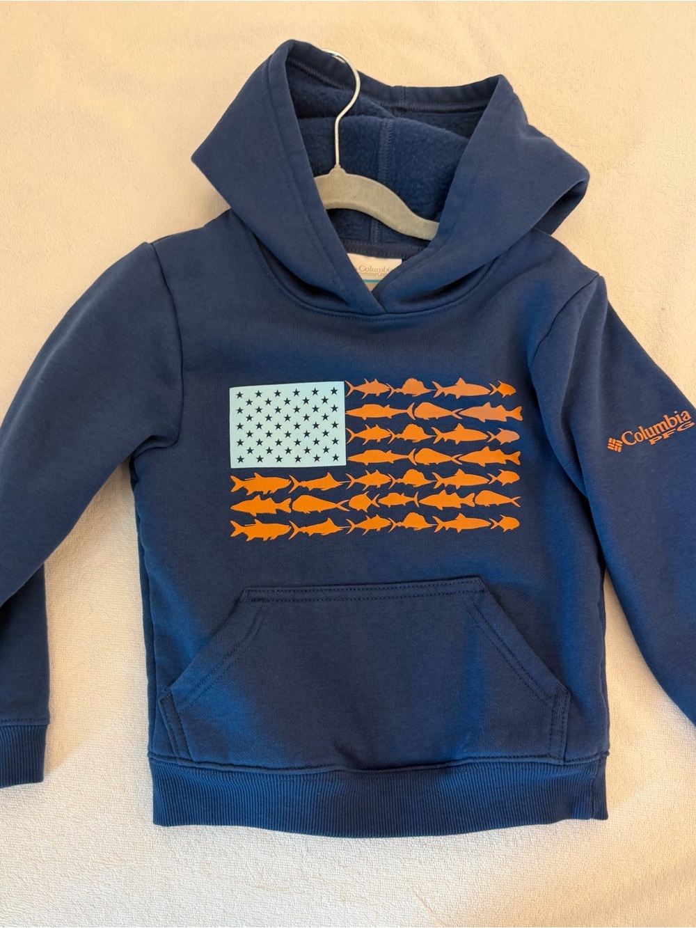 Columbia Kids Navy Hooded Sweatshirt with Orange Fish Flag. Size XXS 4/5